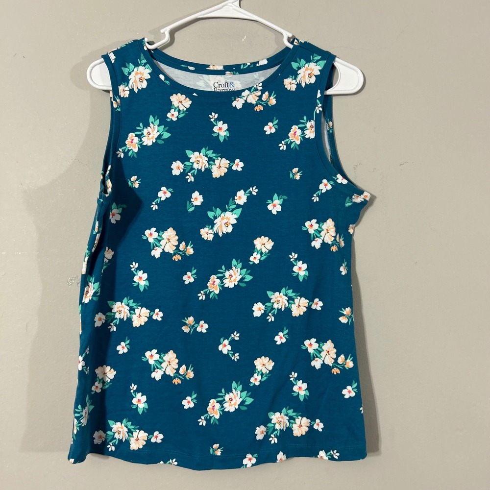 Croft & Barrow Classic Tank Petite M Teal Floral Sleeveless‎ Cotton
